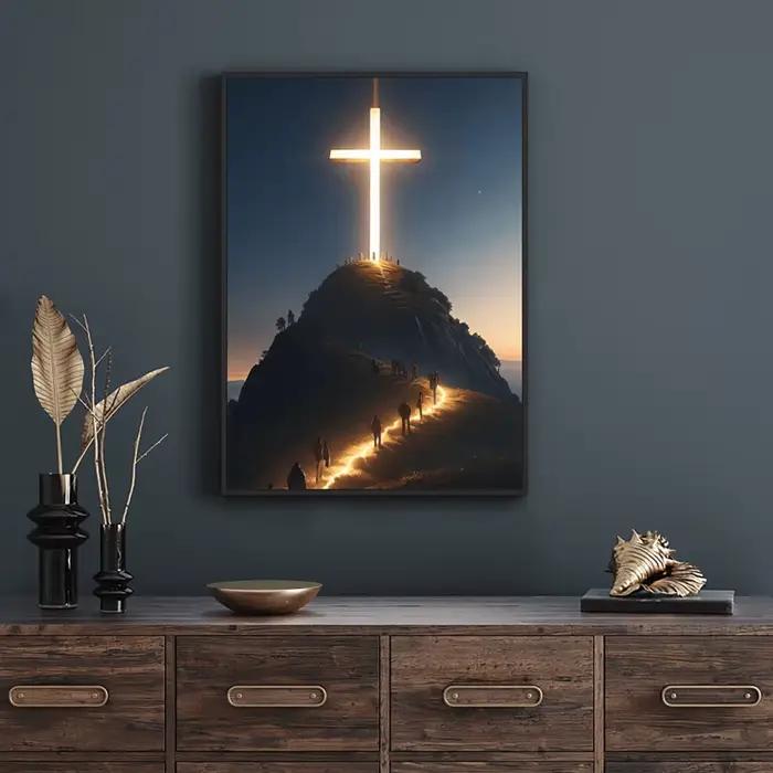 Peinture sur toile de croix chrétienne moderne sur le dessus de la montagne