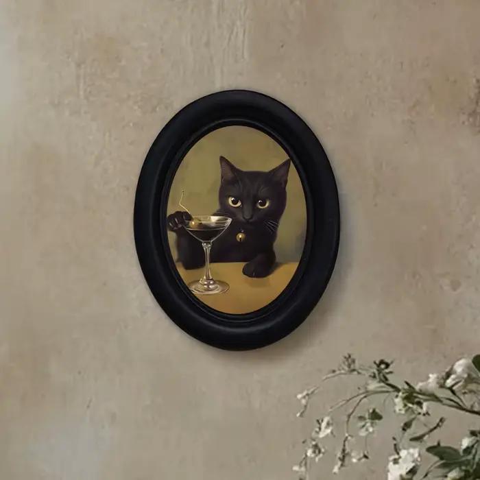 1 décoration murale vintage représentant un chat noir buvant un cocktail martini