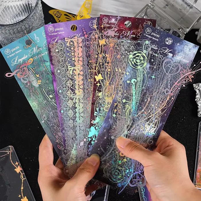 Pack d'autocollants décoratifs de Style coréen, 30 feuilles, autocollants d'estampage en feuille holographique mignons et élégants pour chargeur supérieur Kpop, journaux et plus encore
