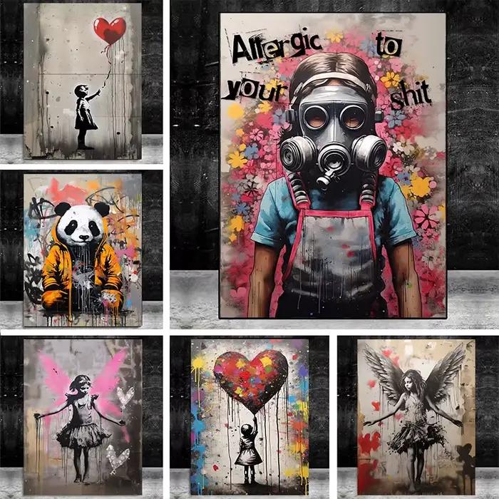 Pop Street Graffiti Art mural Banksy garçon fille avec ballon sur toile affiches et imprimés peinture pour salon décor à la maison cadeaux