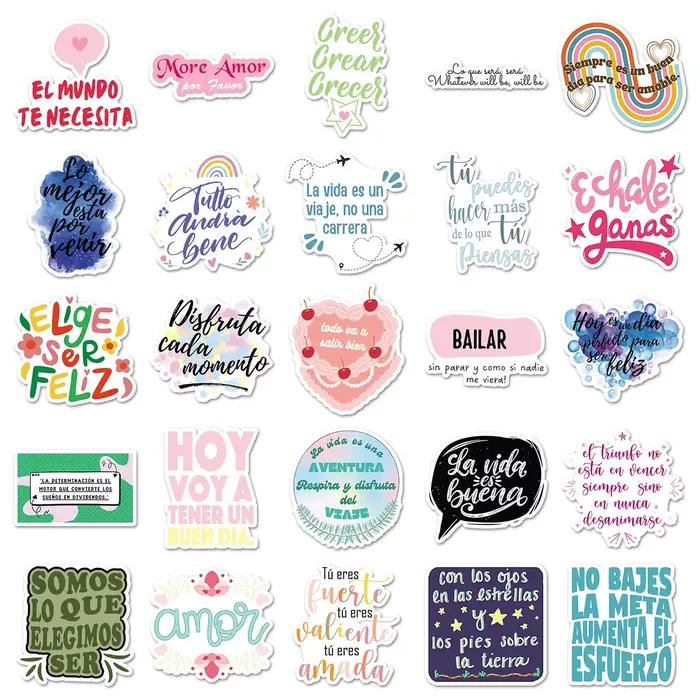 50 autocollants graphiques espagnols inspirants avec des phrases de texte créatives personnalisées pour décorer les téléphones mobiles et les ordinateurs