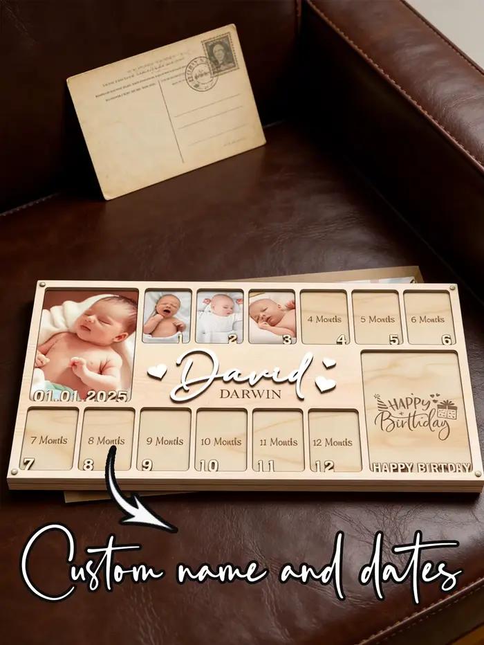 Cadre photo en bois personnalisé pour bébé, avec nom et date, plaque de photos mensuelle pour les étapes importantes, souvenir de la maternité pour nouveau-né