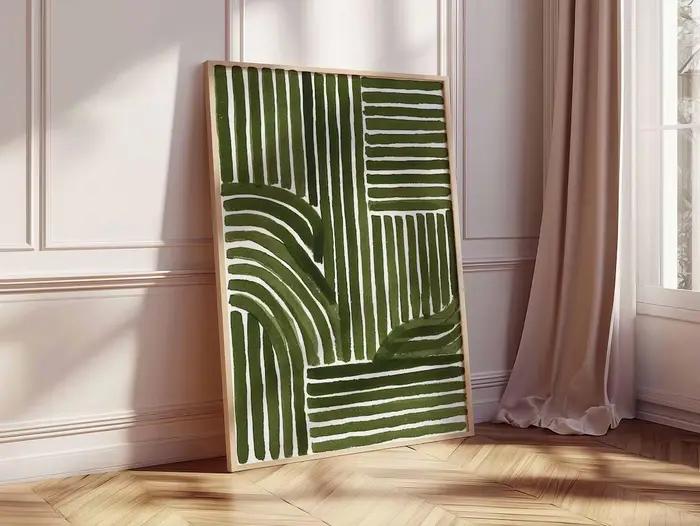 Impression d'art au trait abstrait vert – Affiche géométrique minimaliste moderne