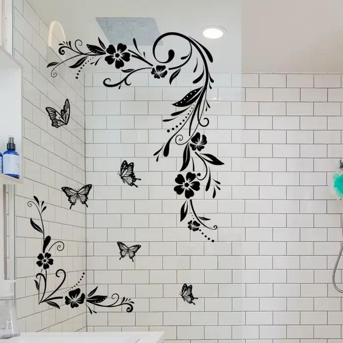 Autocollant mural papillon Floral noir auto-adhésif pour arrière-plan de chambre à coucher