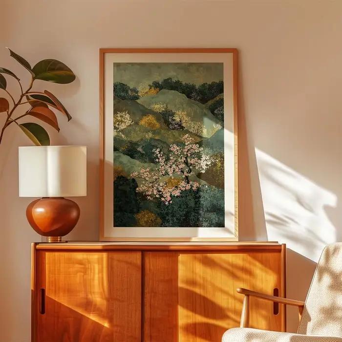 Art mural de paysage oriental serein - Impression peinturée luxurante d'une vallée fleurie alliant des tons de vert sarcelle profond avec des fleurs roses délicates