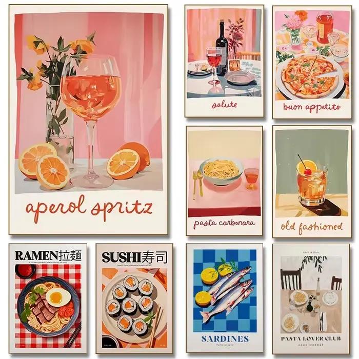 Aperol Spritz Pizza et vin Negroni Cocktail toile affiche Sardine nourriture mur Art imprime pour cuisine moderne décor à la maison Cuadros