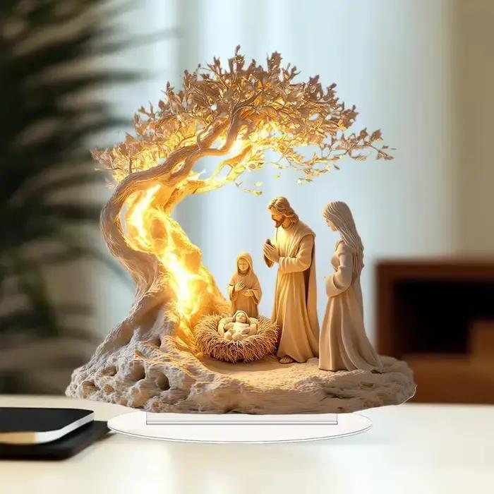 Crèche de table dans un décor de Noël plat en acrylique représente la naissance de Jésus