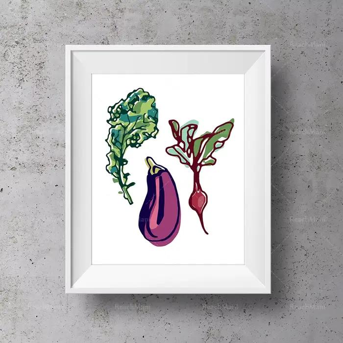 Art mural de cuisine de légumes heureux, illustration de légumes imprimable