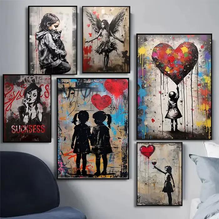 Pop Street Graffiti Art mural Banksy garçon fille avec ballon sur toile affiches et imprimés peinture pour salon décor à la maison cadeaux