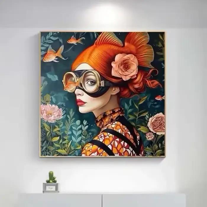 Surréalisme femme Portrait toile peinture mur Art merveilleux fantaisie poisson et fille affiche imprime pour salon décor à la maison