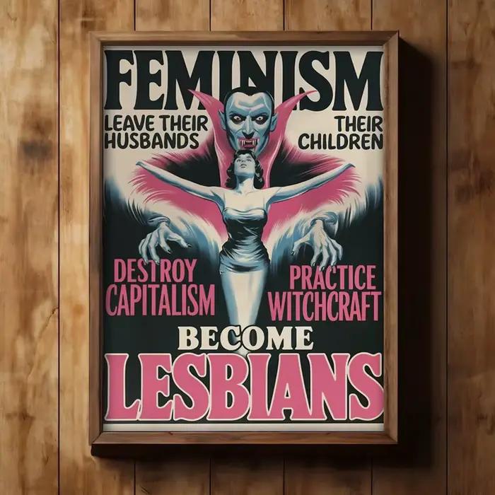 Affiche en toile de style bande dessinée féministe rétro – "Lesbianisme contre. Sorcellerie"