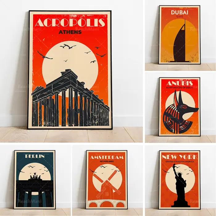 New York-États-Unis-Retro City-Statue des libérateurs-Affiche de voyage