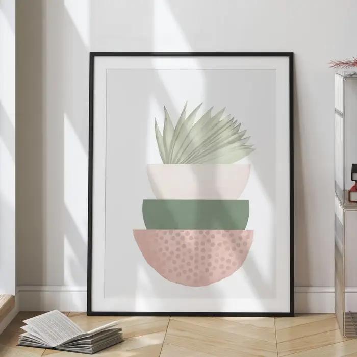 Lot de 3 tableaux muraux bohèmes modernes rose et vert – Décoration murale minimaliste pour salon – Peinture sur toile