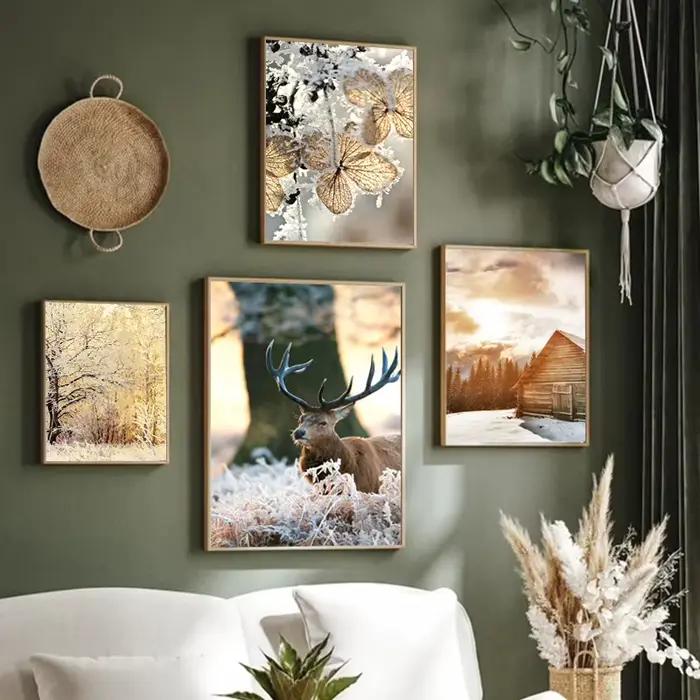Affiche d'art de toile de cabane en rondins de forêt de gel de neige d'hiver de cerf beige