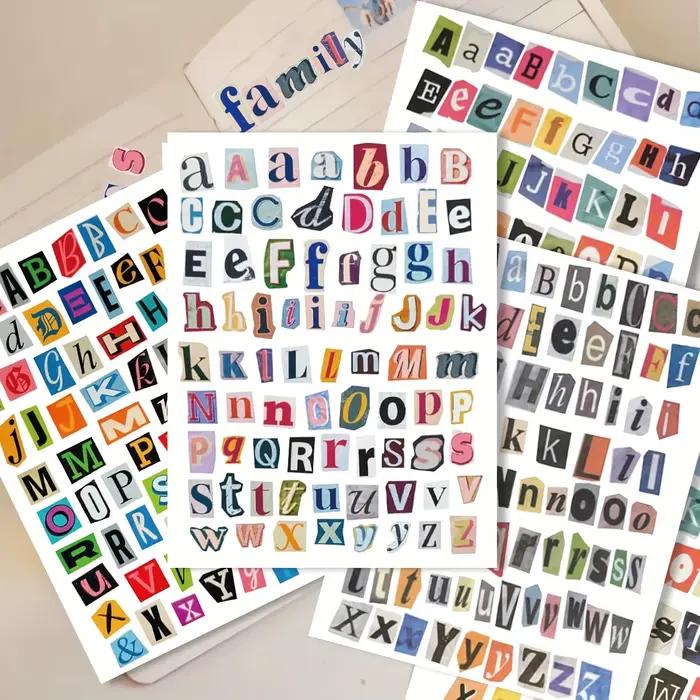 8/12 feuilles d'autocollants lettres style magazine vintage