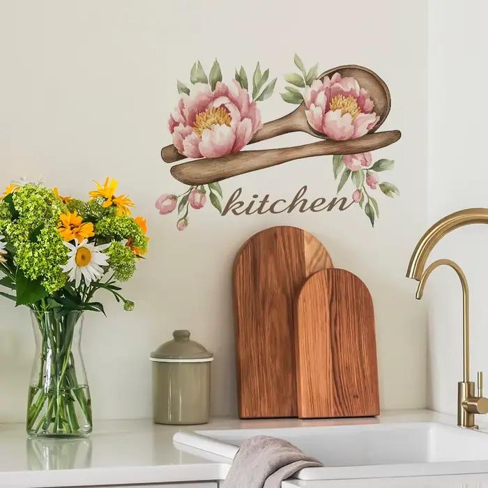 Autocollant mural créatif en forme de cuillère en bois et de fleurs