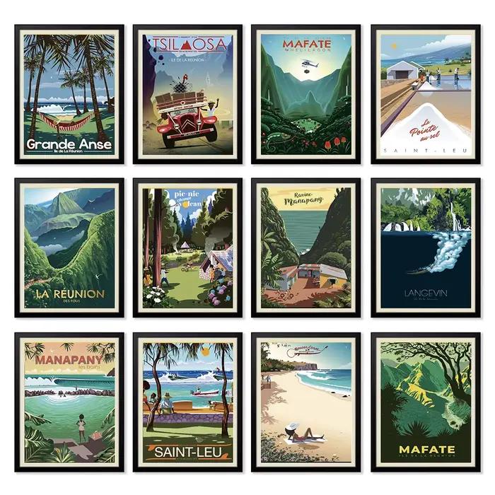 Affiches de voyage vintage de l'île de la Réunion, France, peintures sur toile, affiches murales vintage, impressions d'art, décoration intérieure, cadeau