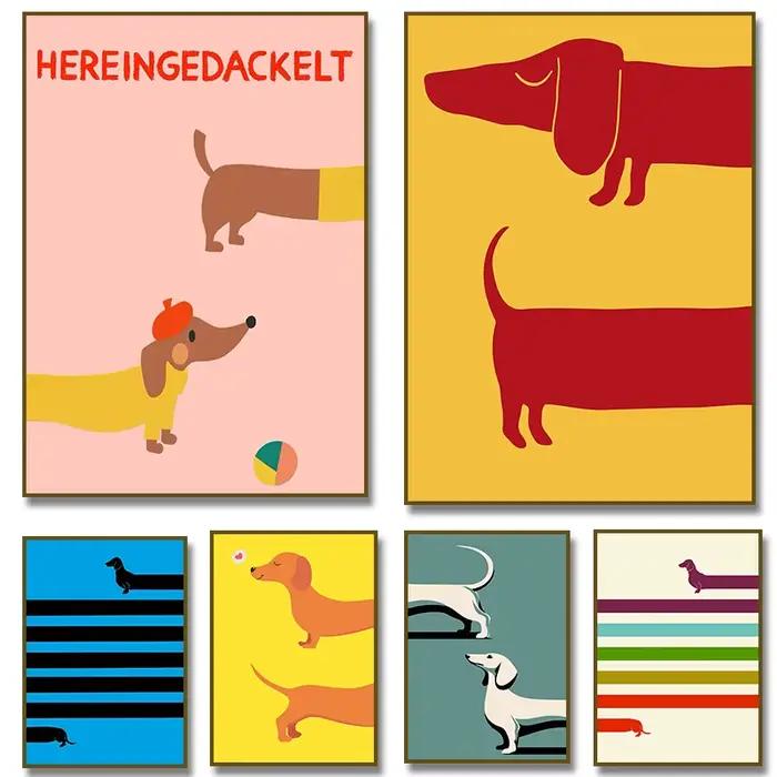 Affiche de chien teckel de dessin animé, peinture sur toile d'animal amusant, Art mural pour chambre d'enfants, décoration de maison Cuadros