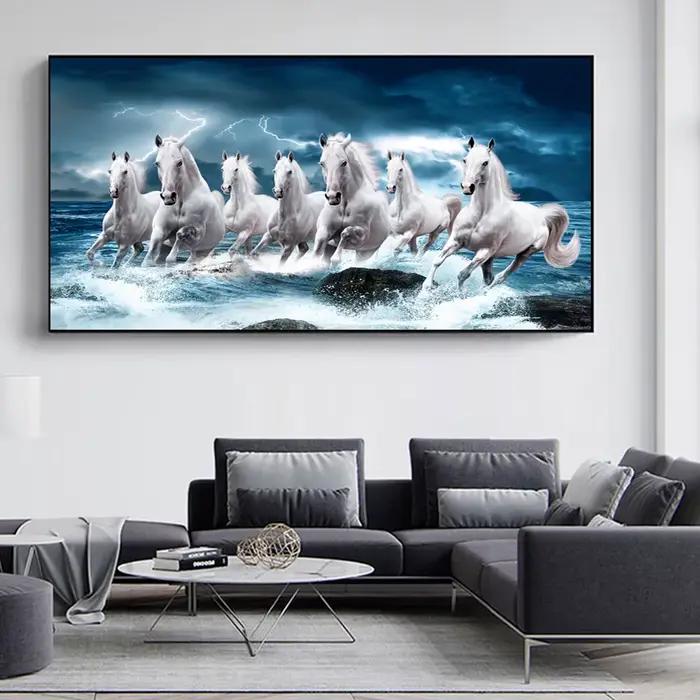 Toile de 7 chevaux de course blancs