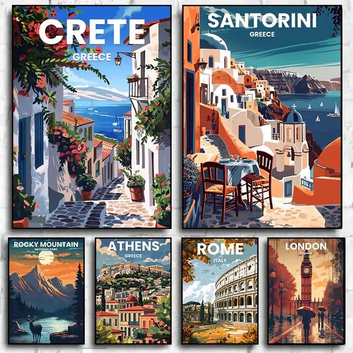 Affiches d'art sur toile modernes sur le thème des villes de voyage : Santorin, Rome, Crète, Paris, Londres – Décoration murale pour la maison et le salon