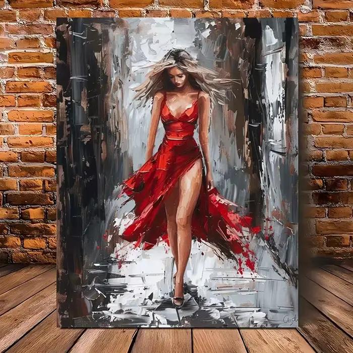 Peinture sur toile de femme élégante en robe rouge