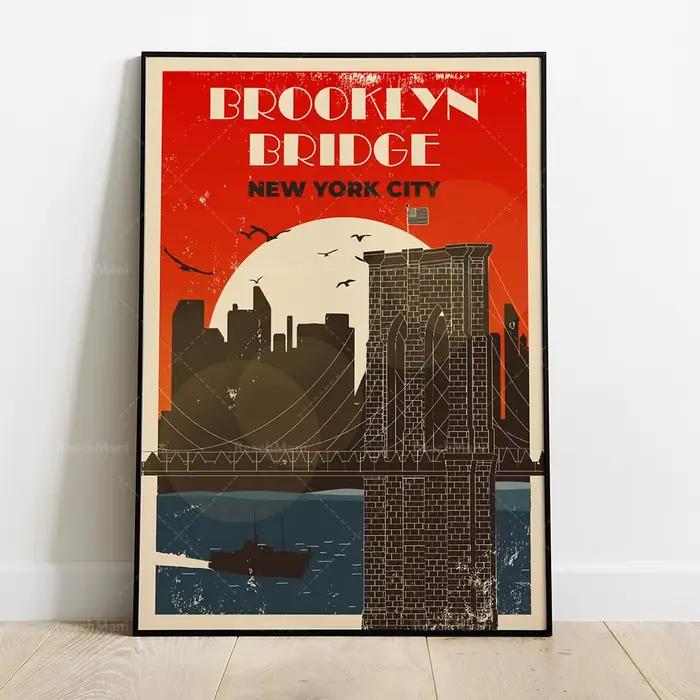 New York-États-Unis-Retro City-Statue des libérateurs-Affiche de voyage
