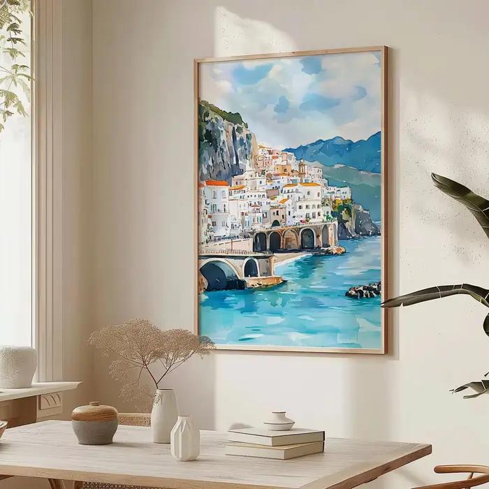 Aquarelle Amalfi Coast Italie Art Print, décoration murale de paysage côtier brillant, illustration de ville de bord de mer italienne, T méditerranéen