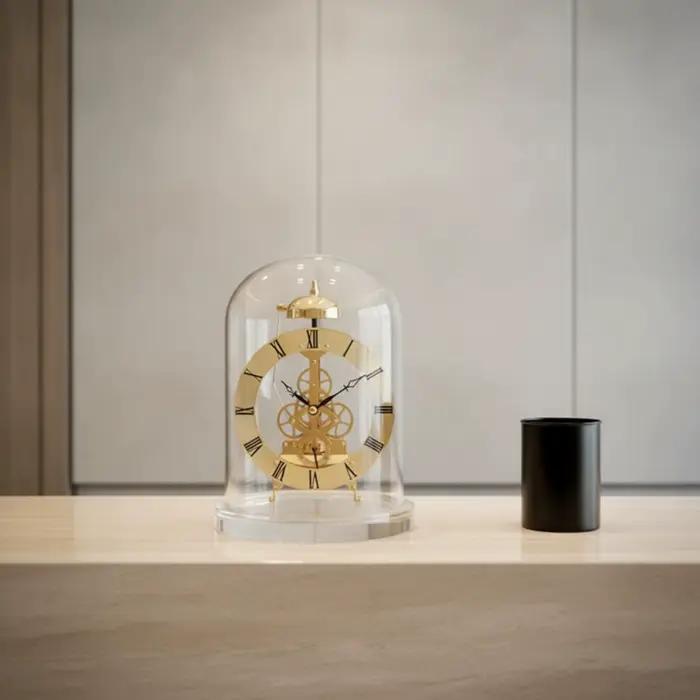 Horloge à quartz squelette avec dôme en verre, style rétro, fonction carillon, pour collectionneurs, salon, bureau