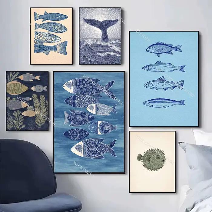 Affiche d'art minimaliste nautique avec poissons et vagues