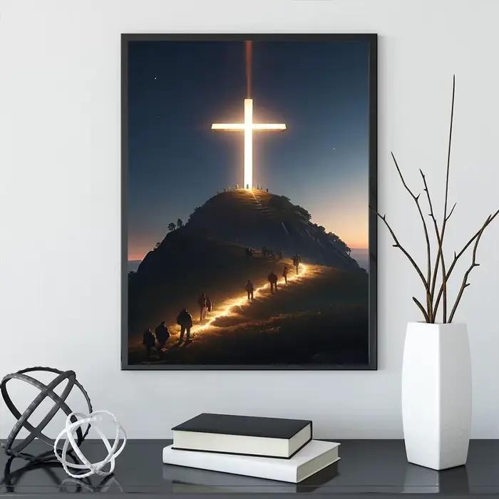 Peinture sur toile de croix chrétienne moderne sur le dessus de la montagne