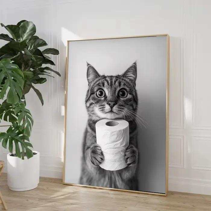 Highland vache loutre chat raton laveur avec papier toilette affiche impression toile peinture salle de bain mur Art