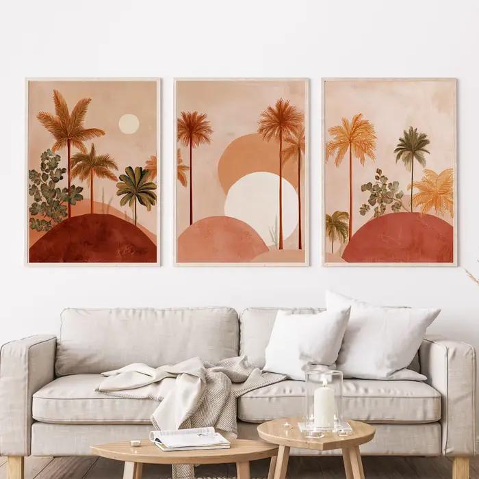Ensemble d'art mural Boho en terre cuite avec palmiers, impressions sur toile abstraites de coucher de soleil tropical et désertique, décoration intérieure chaleureuse et terreuse, et cadeaux parfaits