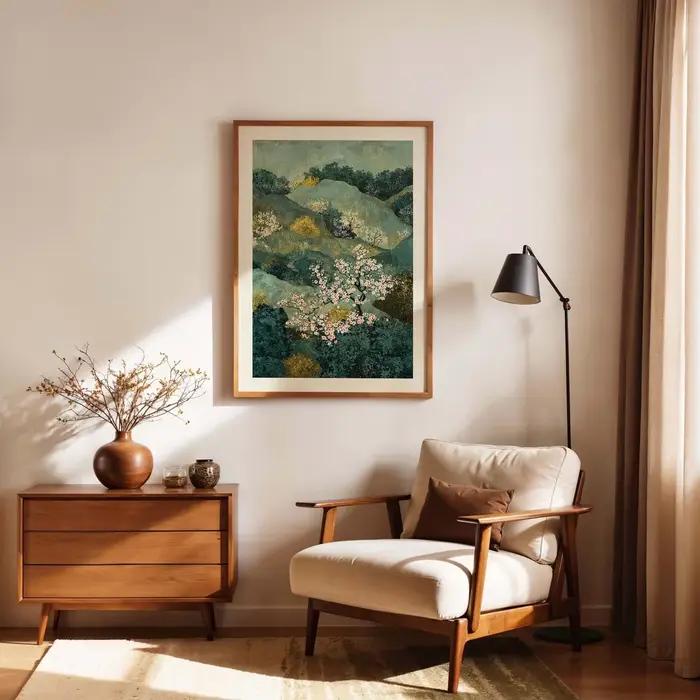 Art mural de paysage oriental serein - Impression peinturée luxurante d'une vallée fleurie alliant des tons de vert sarcelle profond avec des fleurs roses délicates