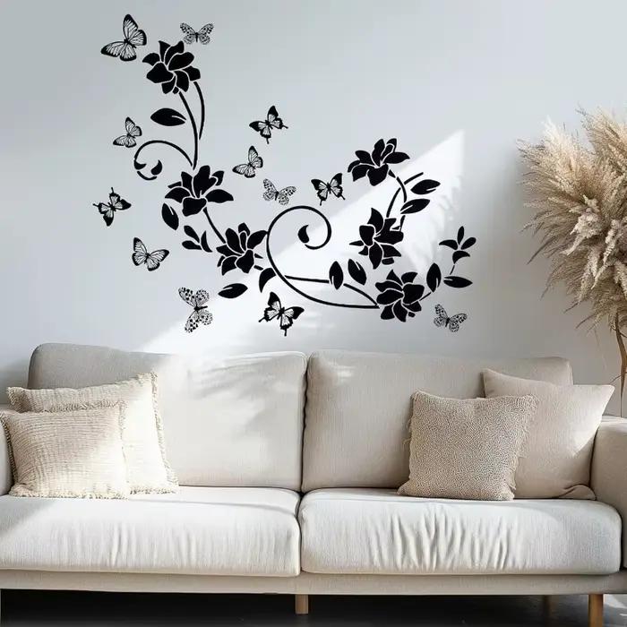 Autocollants muraux en vinyle anti-collision motif fleurs noires