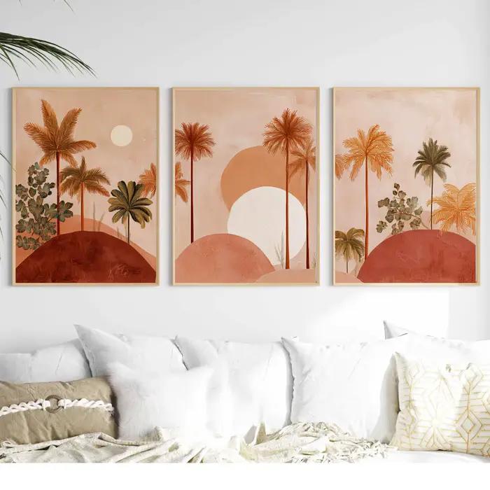 Ensemble d'art mural Boho en terre cuite avec palmiers, impressions sur toile abstraites de coucher de soleil tropical et désertique, décoration intérieure chaleureuse et terreuse, et cadeaux parfaits