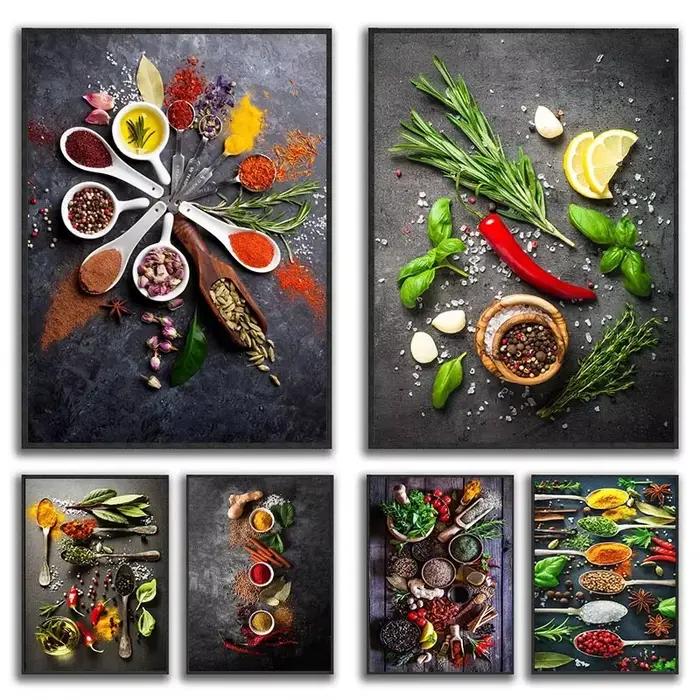 Décoration Murale de Cuisine : Tableau sur Toile Herbes et Épices, Style Nordique, Affiches et Impressions pour Restaurant, Murale de Salle à Manger (Sans Cadre)