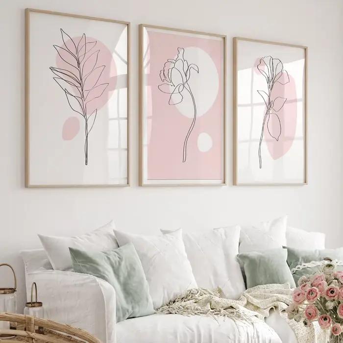 Lot de 3 tableaux muraux botaniques roses – Décoration murale botanique – Affiche d'art linéaire