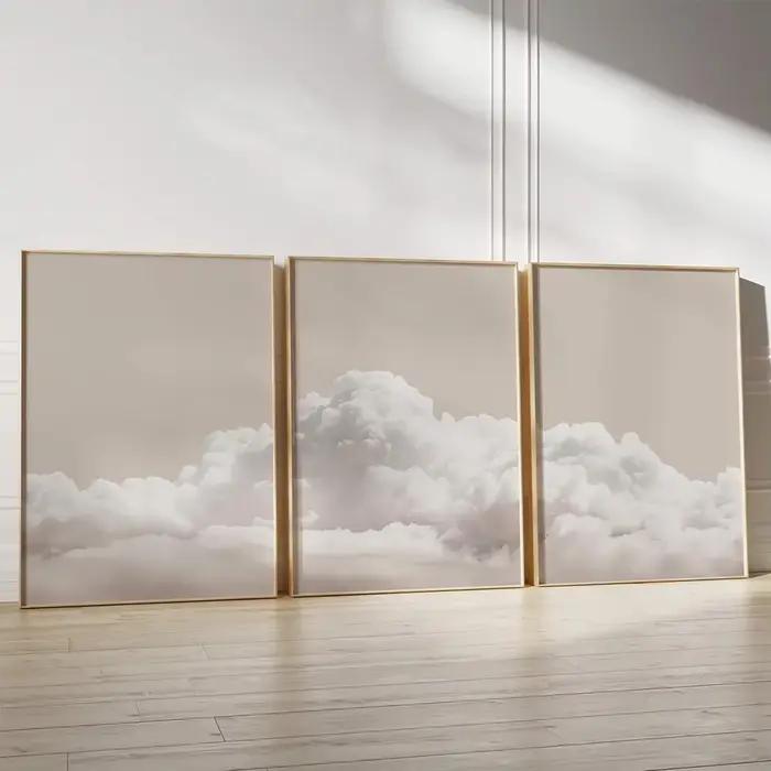Ensemble de 3 tableaux muraux nuages beiges, affiches nuages blancs, impressions minimalistes ciel, décorations murales modernes pour la maison, peintures sur toile pour la décoration de chambre