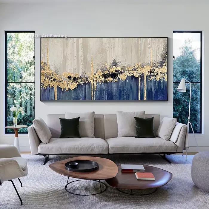Toile moderne peinte à la main en feuille d'or bleue et Beige