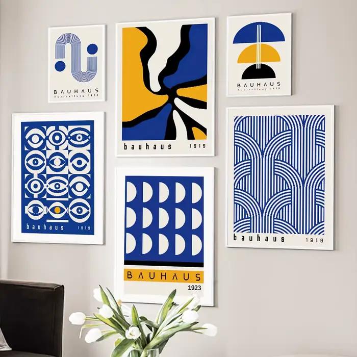 Peintures sur toile bleues Bauhaus de style moderne du milieu du siècle