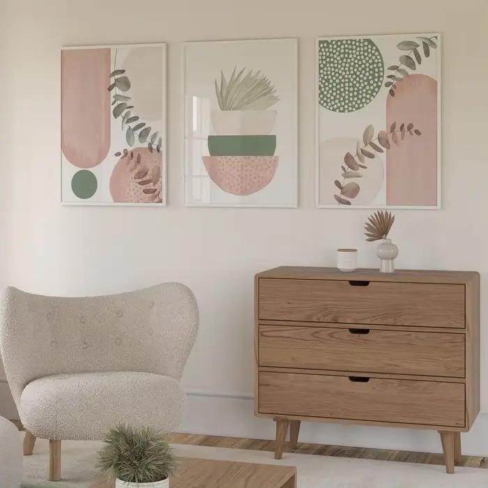 Lot de 3 tableaux muraux bohèmes modernes rose et vert – Décoration murale minimaliste pour salon – Peinture sur toile