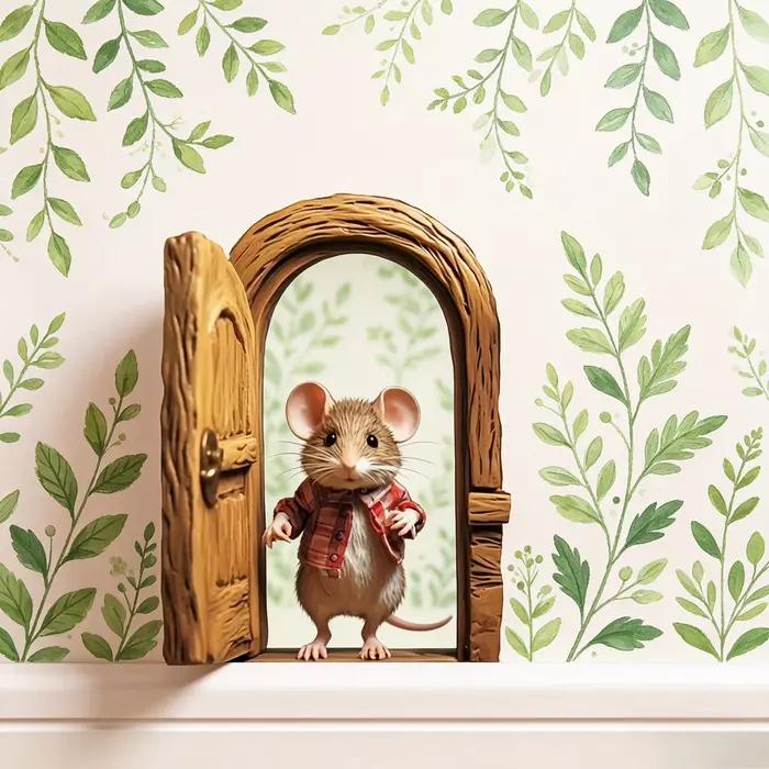 Autocollant Mural Souris Mignonne qui Ouvre la Porte