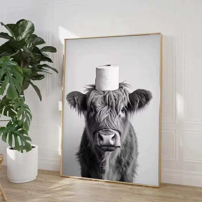 Highland vache loutre chat raton laveur avec papier toilette affiche impression toile peinture salle de bain mur Art