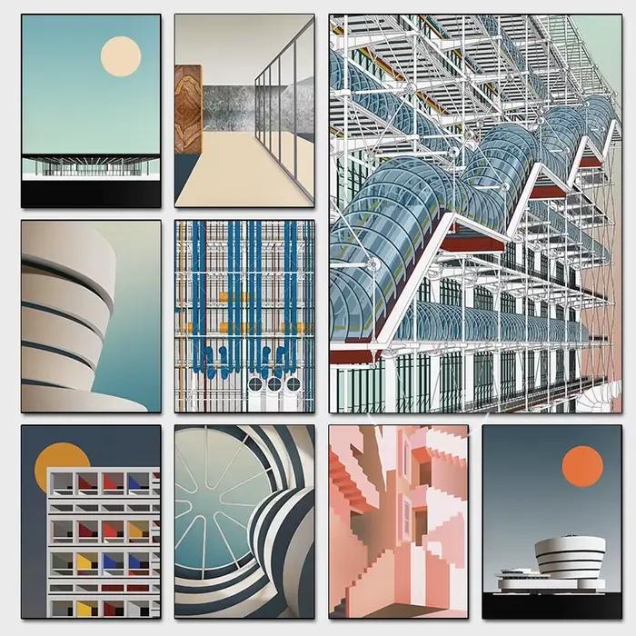 Affiches graphiques abstraites de musée d'architecture moderne