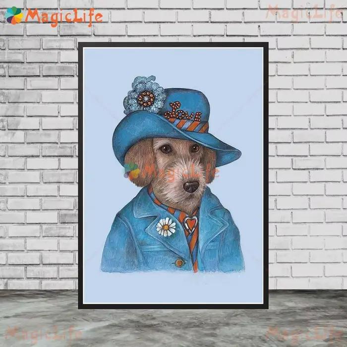 Dessin animé drôle chien habiller Portrait animaux affiches photos murales pour salon nordique affiche mur Art toile peinture sans cadre