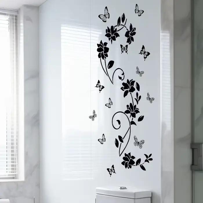 Autocollants muraux en vinyle anti-collision motif fleurs noires