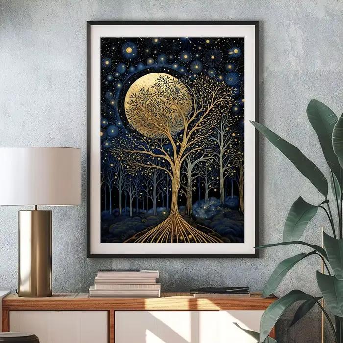 Affiche rétro William Morris lune et étoiles
