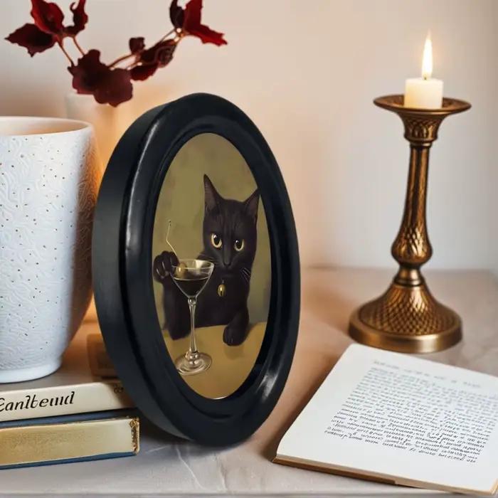 1 décoration murale vintage représentant un chat noir buvant un cocktail martini