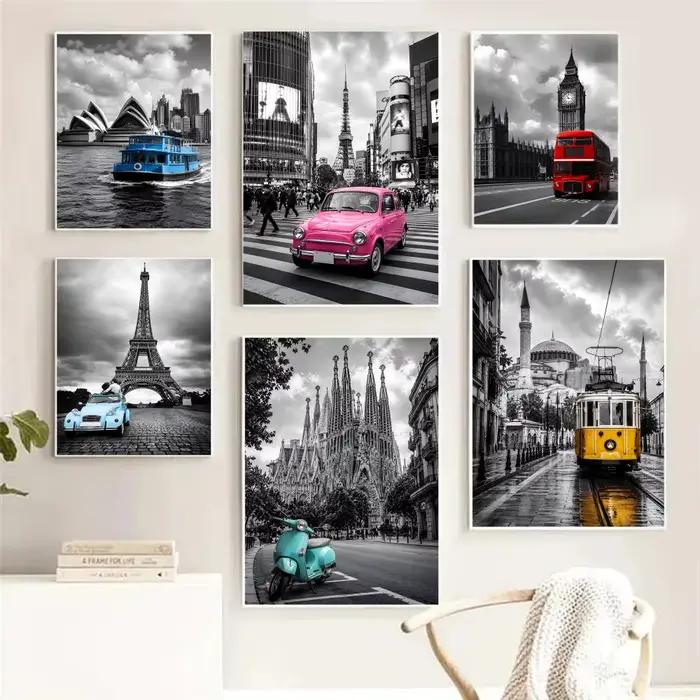 Peinture vintage de paysages urbains emblématiques noirs