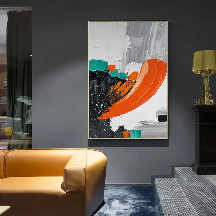 Grande peinture à l'huile abstraite orange peinte à la main